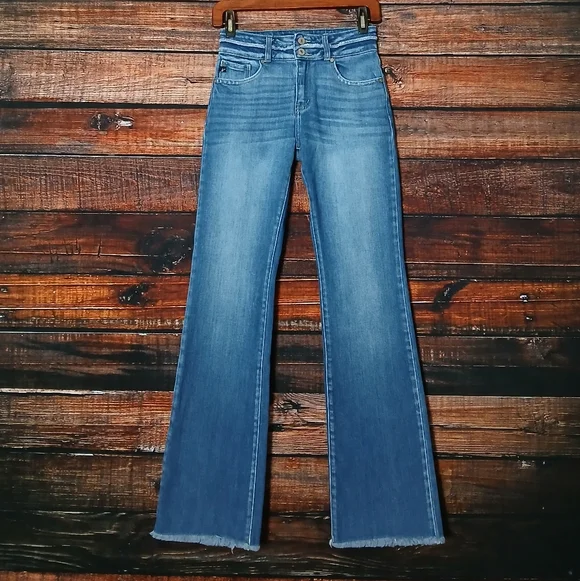 Kancan Jeans 25 Boot Cut High Rise Double Button Frayed Hem Blue Denim Stretch - Picture 2 of 8